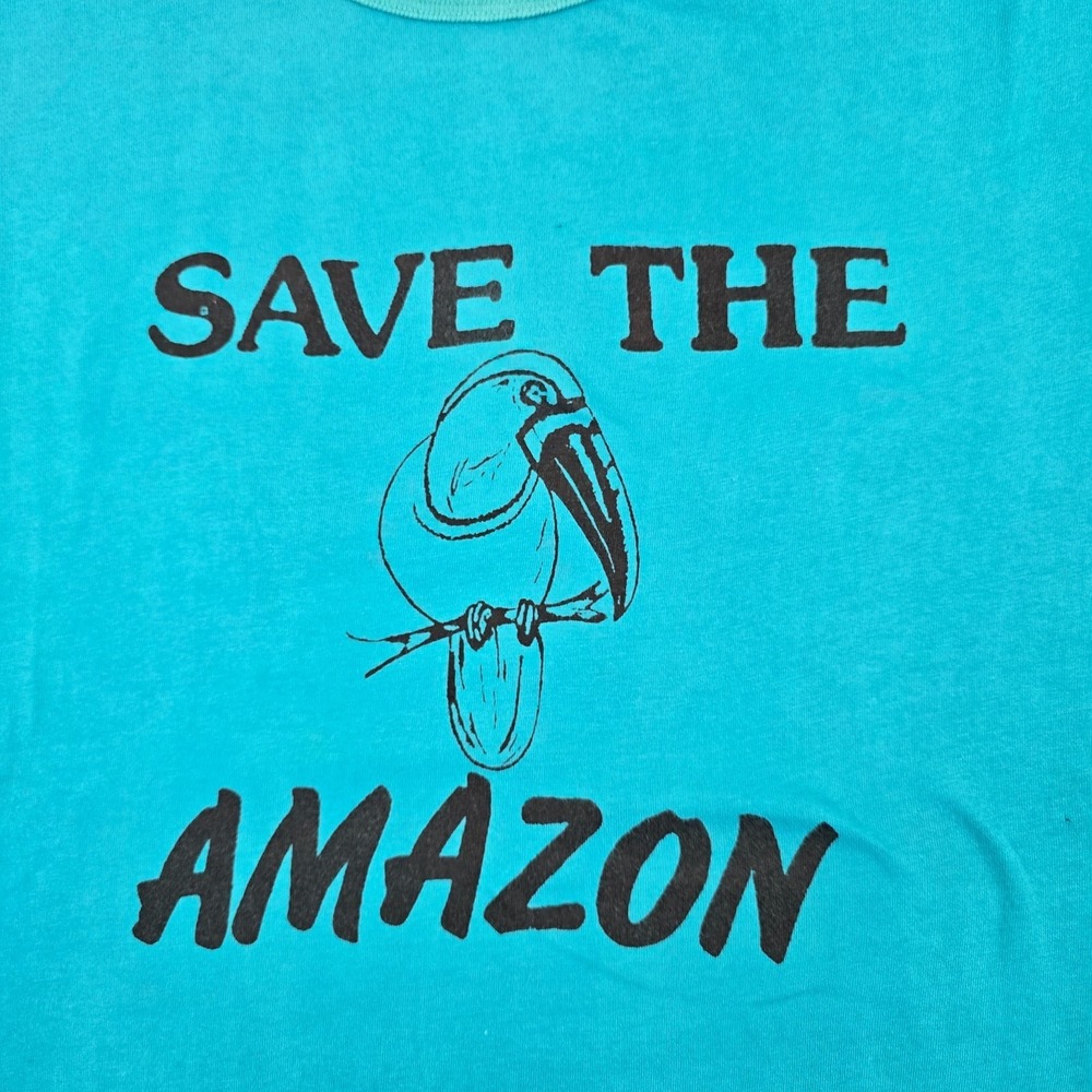 Vintage Save The Amazon Rainforest T-Shirt XL Turquoise Environmental Graphic - Picture 3 of 6